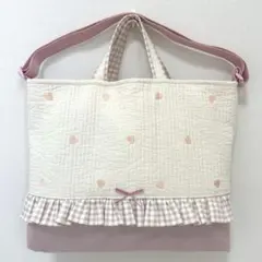 レッスンバッグ　【白地ピンクハートヌビ×くすみピンク】　女の子　ショルダー