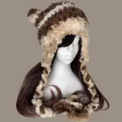 猫耳ニット帽 ブラウン ベージュ y2k ファー もふもふハンドメイド編み物帽子