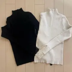 ホワイト ブラック リブ編みタートルネック