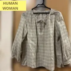 ヒューマンウーマンベージュ系チェック柄リボン付き長袖ブラウス