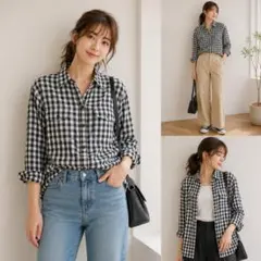 moussy マウジー ギンガムチェックシャツ 長袖 白黒 バック刺繍のサムネイル