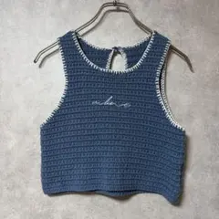 mline 刺繍 ロゴ アメスリ タンク かぎ網 ブルー フリーサイズ 美品のサムネイル