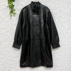 1634 レザーロングコート　羊革　シープスキン　ラム　日本製　なめらか　黒　S