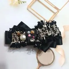 ツイードリボンとサテンリボンのバレッタ 黒系 パール、ビジュー、スター付