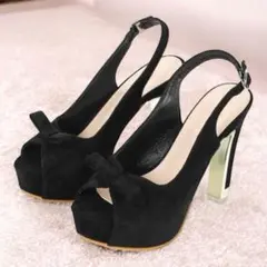 厚底 リボンオープントゥパンプス　バックストラップ　ヒール　　ブラック　黒