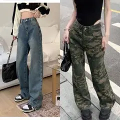 デニムブルー・迷彩柄ワイドレッグパンツ　二枚セット