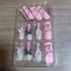 ネイルチップ ヒョウ柄 ストライプ ピンク