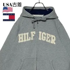 USA古着 トミー ジップアップパーカー グレー L 刺繍ロゴ スウェットy2k