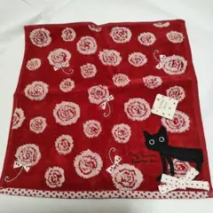 バラ模様と黒猫のタオルハンカチ