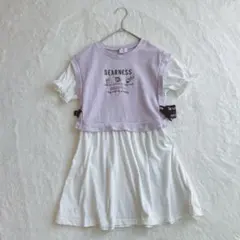 半袖 ワンピース 重ね着風 ユニコーン リボン パープル 120 女の子 キッズ