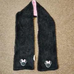 ミニーマウス刺繍フリースマフラー女の子 ブラック ピンクドット柄 ディズニー