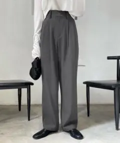 me +em select 太ベルトハイウエストカラータックスラックス　グレー