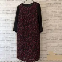 TALBOTS タルボット レースワンピース L ボルドー×ブラック 7分袖