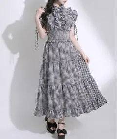 DearMyLoveRose ハイネックシアーチェックティアードロングワンピース