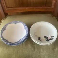 青いストライプと花柄の陶磁器皿 6枚セット　16cm昭和レトロ　古道具