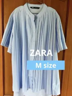 美品　ZARA ザラ ショートスリーヴ プリーツシャツ M ブルー