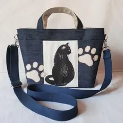 ハンドメイドデニムバッグ　猫柄バッグ 岡山デニム　インディゴブルー