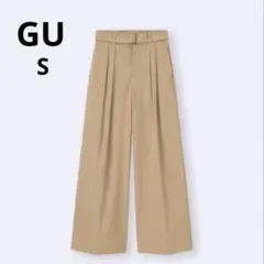 【美品】GU ベルテッドワイドパンツ ベージュ S ベルト付き