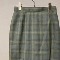 日本製　タイトスカート(L)レトログリーンチェック柄　膝丈　秋冬あったか