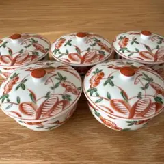 橘吉　蓋付きお茶呑茶碗　赤絵　5客