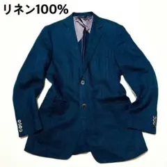 美品★リネン100% 紺ブレ　テーラード　ヘリンボーン　日本製　春夏(816)のサムネイル