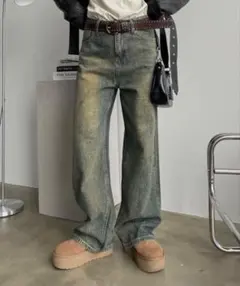 SHAGGIE オーロララインストーン付きヴィンテージルーズデニムパンツ