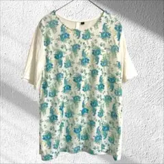 アッシュイデアル 半袖 Uネック カットソー 花柄 レース 鮮やか とろみ
