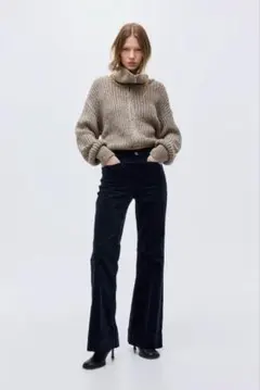 H&M コーデュロイフレアパンツ ネイビーブルー 36 ハイウエスト レディース