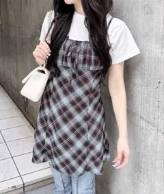 nugu チェック柄 キャミワンピース スカイブルー