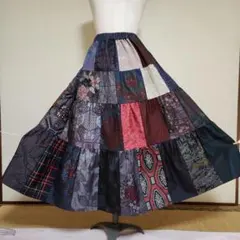 キ*コ様 大島紬　4段ティアードスカート　パッチワーク　カラフル　着物リメイク