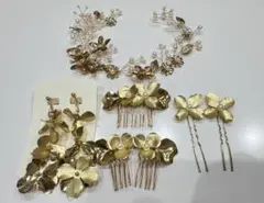 【セット】ゴールド 結婚式 ブライダル イヤリング ヘアピン ヘッドドレス 花