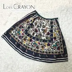 【美品】ロイスクレヨン　花柄スカート　総柄　シルク　膝丈　フレア　ロゴ刺繍入り