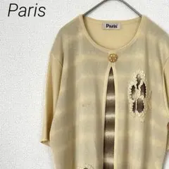 Paris ニット 重ね着風 ボーダー 花柄 レトロ ゆったり 金ボタン 大きめ