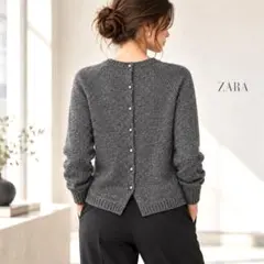 ZARA ザラ 背中ビジューボタン7個 ラメニット ウール混 グレー 長袖 M