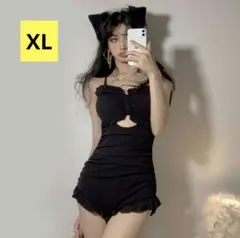 レディース水着 露出控え目♡ガーリー ワンピース水着 モノキニ 黒 XL フリル