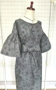 着物リメイク　大島紬ワンピース　ロング丈 七分袖　L-LL