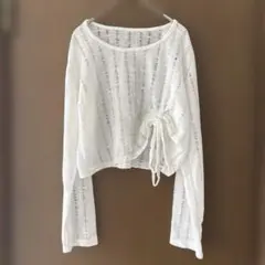 シャーリング 透かし編み プルオーバー ホワイト 【クロップド丈】