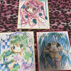 一枚だけ訳あり手描きイラスト。小色紙。３枚セット。女の子