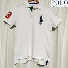 古着POLORALPHLAURENビッグポニー3半袖ポロシャツ白（青オレンジ）M
