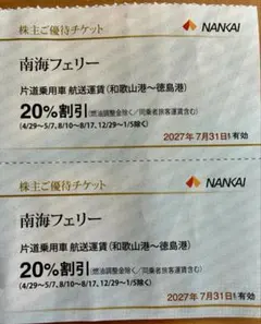 南海フェリー 株主優待割引チケット2枚のサムネイル