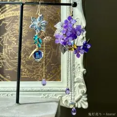 再販未定 青彼岸花と鬼灯と蓮の和風ピアス 蝶々と淡水パール、ロング