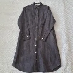 無印良品　シャツワンピース　墨黒　ブラック　ストライプ　リネン100%
