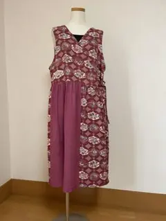 アフリカンプリント アフリカ布 前リボンのフレアサロペット 葉柄 