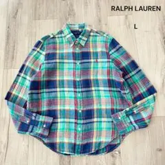 【美品】ラルフローレン 長袖リネンシャツ チェック柄 ボタンダウン グリーン L