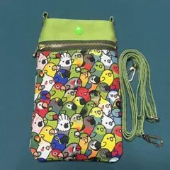ハンドメイド インコ柄スマホショルダーバッグ サコッシュ ポシェット 散歩にも