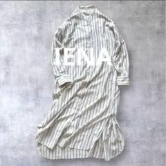 イエナバンドカラーふんわり前開きストライプロングシャツワンピースゆったり羽織り