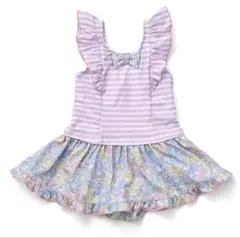 130 女の子　キッズ　子供　水着　ワンピース　帽子付き　ボーダー　フリル　花柄