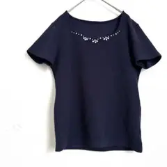 クリア ネイビー ビーズ装飾 半袖Tシャツ