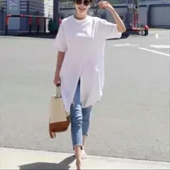 変形スリットTシャツワンピース★オーバーサイズ/半袖/トップス/ロングTシャa
