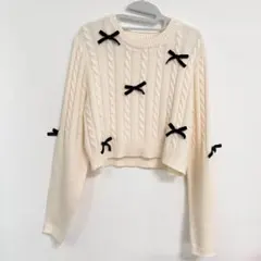 アイボリー ケーブル編みリボンニット　shein